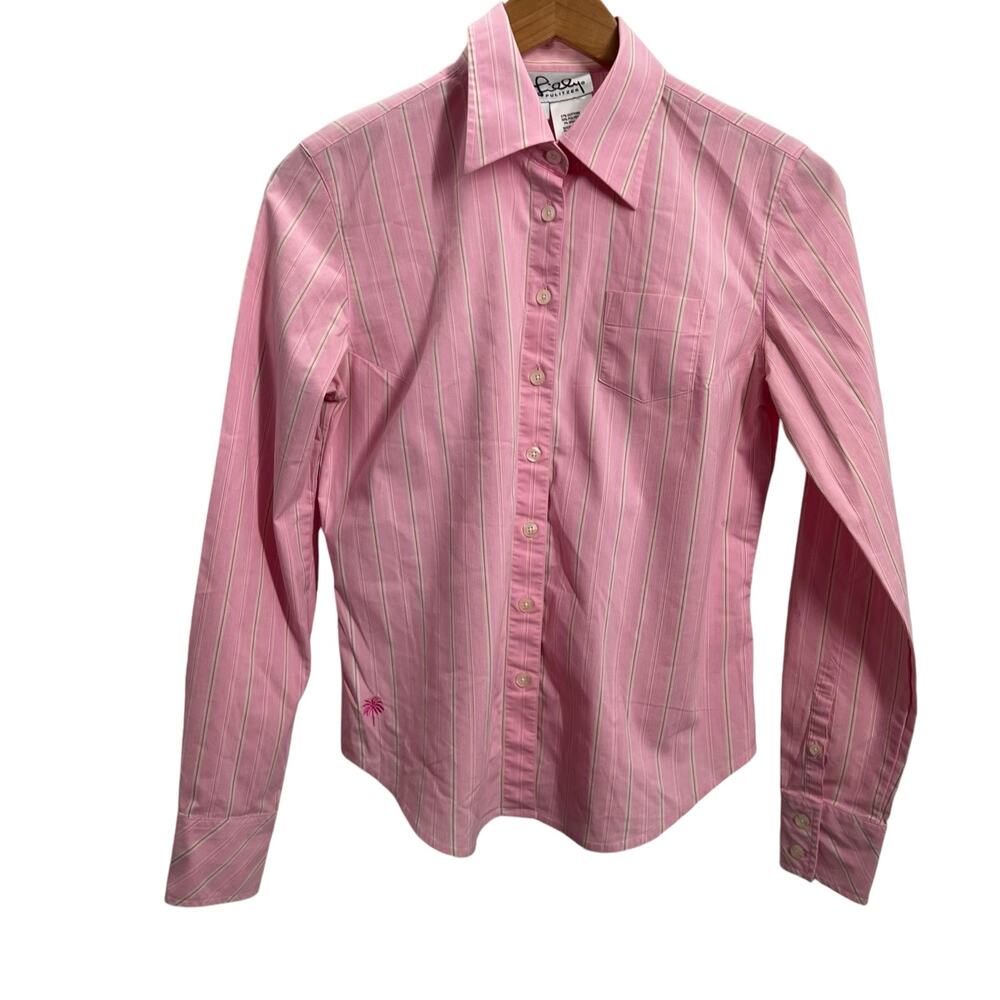 LILLY PULITZER Pink Striped Fitted Shirt Has Stretch Woman's Size 4 - Picture 11 of 15